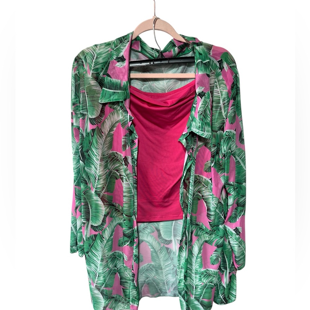 SHEIN CURVE HOT PINK STRAPLESS TOP W/SHEER COVER UP RESORT GREEN/PINK 2XL/3XL